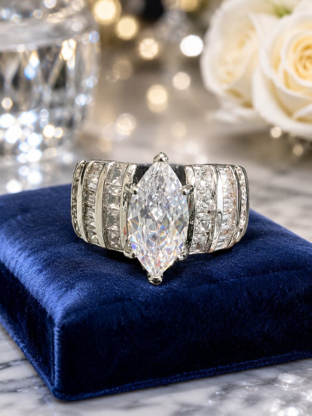 Marquise Cut CZ Ring | Wide Silver-Tone Baguette Round Cubic Zirconia Cocktail